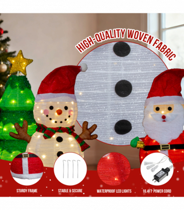 Set of 3 Lighted Santa and Snowman and Xmas Tree Christmas Decorations, Pre-lit Pull Up Holiday Decor with 150 Warm White LED Lights for Xmas Outdoor Indoor Decor Lighted Holiday Displays