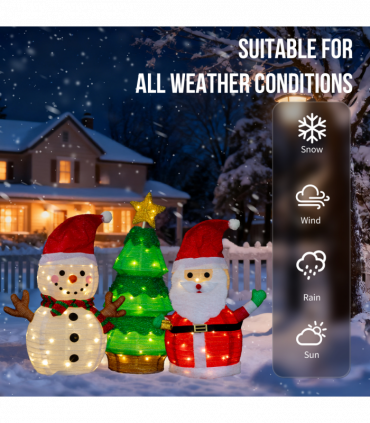 Set of 3 Lighted Santa and Snowman and Xmas Tree Christmas Decorations, Pre-lit Pull Up Holiday Decor with 150 Warm White LED Lights for Xmas Outdoor Indoor Decor Lighted Holiday Displays