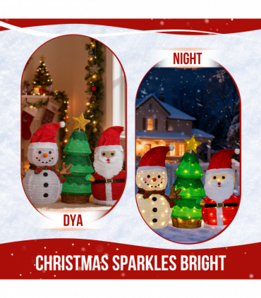 Set of 3 Lighted Santa and Snowman and Xmas Tree Christmas Decorations, Pre-lit Pull Up Holiday Decor with 150 Warm White LED Lights for Xmas Outdoor Indoor Decor Lighted Holiday Displays