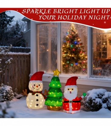 Set of 3 Lighted Santa and Snowman and Xmas Tree Christmas Decorations, Pre-lit Pull Up Holiday Decor with 150 Warm White LED Lights for Xmas Outdoor Indoor Decor Lighted Holiday Displays