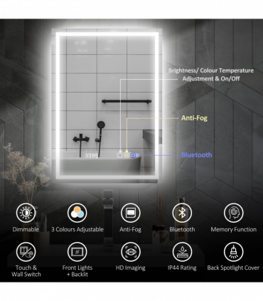 HOMCOM 500 x 700 mm Bathroom Mirror with Bluetooth Clock Lights Demister Pad