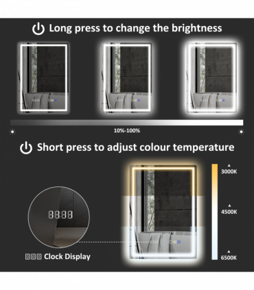 HOMCOM 500 x 700 mm Bathroom Mirror with Bluetooth Clock Lights Demister Pad
