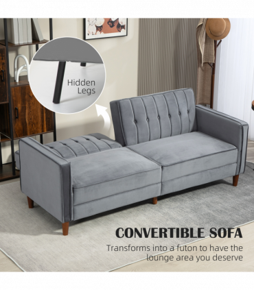 HOMCOM Convertible Sofa Futon Velvet-Touch Tufted Couch Sofa Bed Dark Grey