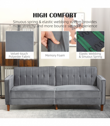 HOMCOM Convertible Sofa Futon Velvet-Touch Tufted Couch Sofa Bed Dark Grey