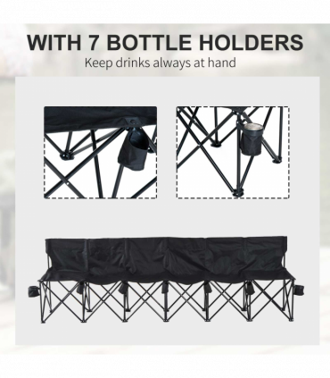 Outsunny 6 Seat Folding Bench Multi Deck Chair Cup Holder Camping Steel Black