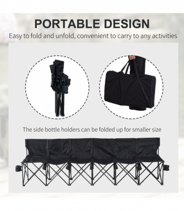 Outsunny 6 Seat Folding Bench Multi Deck Chair Cup Holder Camping Steel Black
