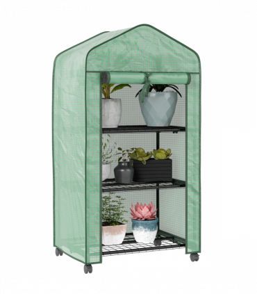 Outsunny Portable Mini Greenhouse with Roll-up Door and Wheels, Green