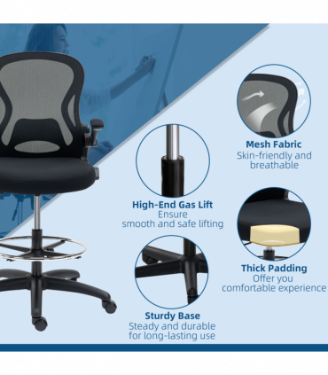 Vinsetto Draughtsman Chair Tall Office Chair w/ Adjustable Footrest Ring Black