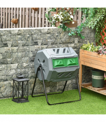 160L Outdoor Tumbling Compost Bin w/ Dual Chamber, Sliding Doors, Grey