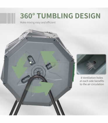 160L Outdoor Tumbling Compost Bin w/ Dual Chamber, Sliding Doors, Grey