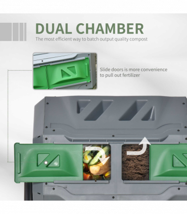 160L Outdoor Tumbling Compost Bin w/ Dual Chamber, Sliding Doors, Grey