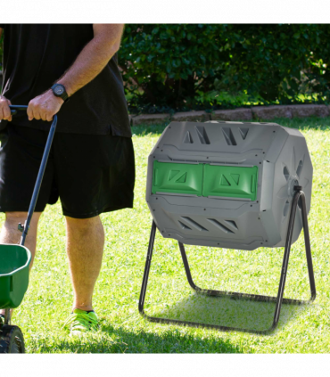 160L Outdoor Tumbling Compost Bin w/ Dual Chamber, Sliding Doors, Grey