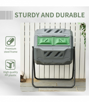 160L Outdoor Tumbling Compost Bin w/ Dual Chamber, Sliding Doors, Grey