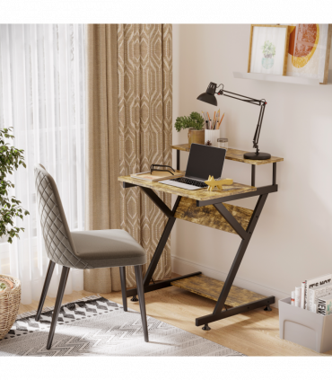 Computer Desk with Monitor Shelf and Storage, R Shaped Brown