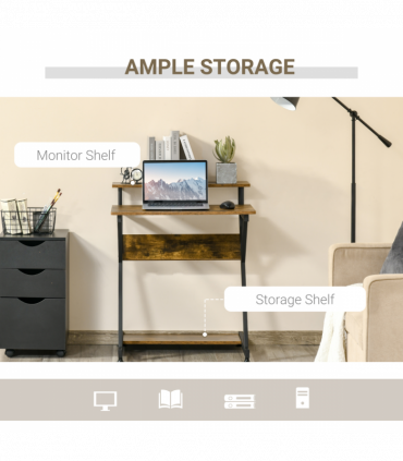 Computer Desk with Monitor Shelf and Storage, R Shaped Brown