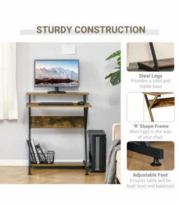 Computer Desk with Monitor Shelf and Storage, R Shaped Brown