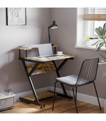 Computer Desk with Monitor Shelf and Storage, R Shaped Brown
