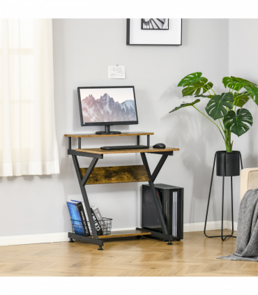 Computer Desk with Monitor Shelf and Storage, R Shaped Brown