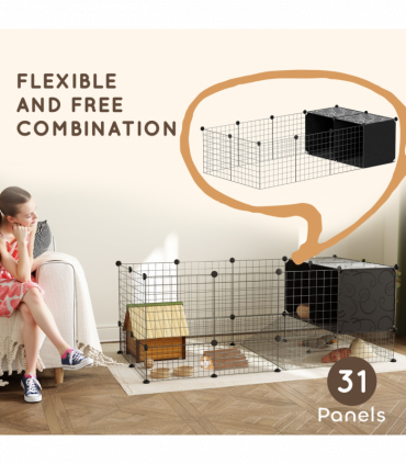 PawHut DIY Small Animal Cage w/ Elevated Huts for Guinea Pigs, Rabbits