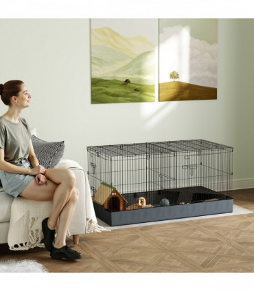 PawHut Guinea Pig Cage, 2 in 1 Rabbit Cage Pet Playpen for Hedgehogs, Black