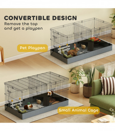 PawHut Guinea Pig Cage, 2 in 1 Rabbit Cage Pet Playpen for Hedgehogs, Black