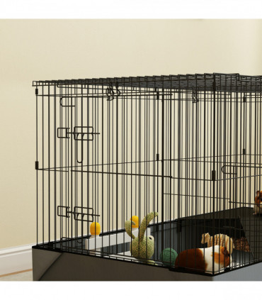 PawHut Guinea Pig Cage, 2 in 1 Rabbit Cage Pet Playpen for Hedgehogs, Black