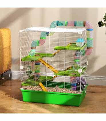 PawHut Hamster Cage w/ Water Bottle, Exercise Wheel, Tubes, Ramps - Green