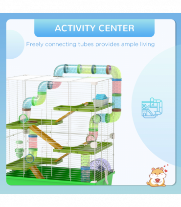 PawHut Hamster Cage w/ Water Bottle, Exercise Wheel, Tubes, Ramps - Green