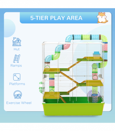 PawHut Hamster Cage w/ Water Bottle, Exercise Wheel, Tubes, Ramps - Green