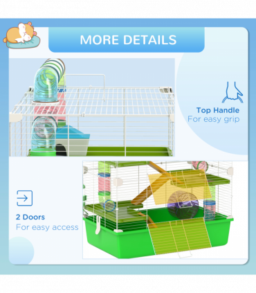 PawHut Hamster Cage w/ Water Bottle, Exercise Wheel, Tubes, Ramps - Green