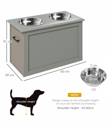 Raised Pet Dog Bowls w/ Storage, Two Bowls, Elevated Base - Grey