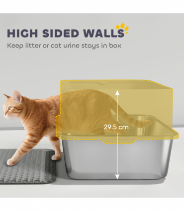 PawHut Stainless Steel Litter Box with Scoop, High Sided Cat Litter Tray