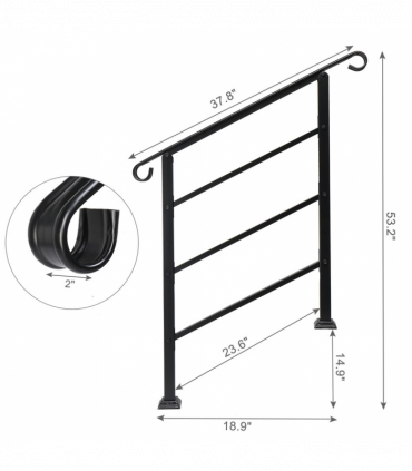 Handrails for Outdoor Steps, Wrought Iron Handrail Fits 1 or 3 Steps, Transitional Handrail with Installation Kit, Black