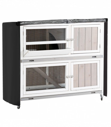 Two-Tier Wooden Rabbit Hutch w/ Wheels, Trough, Rain Cover, Tray - Grey Pawhut