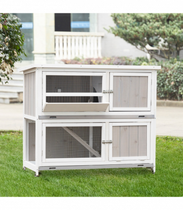 Two-Tier Wooden Rabbit Hutch w/ Wheels, Trough, Rain Cover, Tray - Grey Pawhut