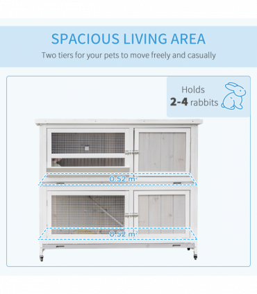Two-Tier Wooden Rabbit Hutch w/ Wheels, Trough, Rain Cover, Tray - Grey Pawhut