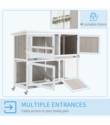 Two-Tier Wooden Rabbit Hutch w/ Wheels, Trough, Rain Cover, Tray - Grey Pawhut