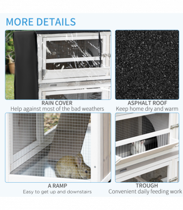 Two-Tier Wooden Rabbit Hutch w/ Wheels, Trough, Rain Cover, Tray - Grey Pawhut