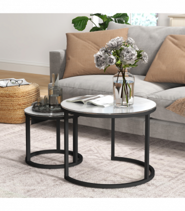 HOMCOM Glass Coffee Table Set of 2, Round Nest of Tables for Living Room