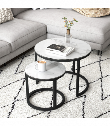 HOMCOM Glass Coffee Table Set of 2, Round Nest of Tables for Living Room