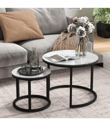 HOMCOM Glass Coffee Table Set of 2, Round Nest of Tables for Living Room