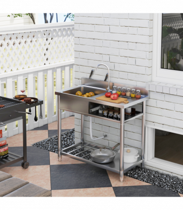 HOMCOM Outdoor Kitchen Sink Unit with Cold and Hot Water Pipe