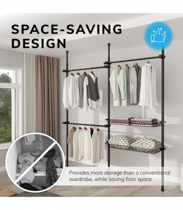 Double Black With Baskets Telescopic Wardrobe Organiser Hanging Rail Clothes Rack Adjustable Storage Shelving