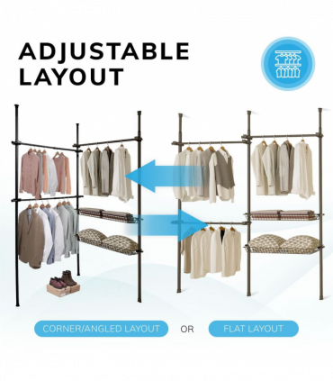 Double Black With Baskets Telescopic Wardrobe Organiser Hanging Rail Clothes Rack Adjustable Storage Shelving