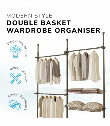 Double Black With Baskets Telescopic Wardrobe Organiser Hanging Rail Clothes Rack Adjustable Storage Shelving