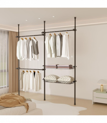 Double Black With Baskets Telescopic Wardrobe Organiser Hanging Rail Clothes Rack Adjustable Storage Shelving