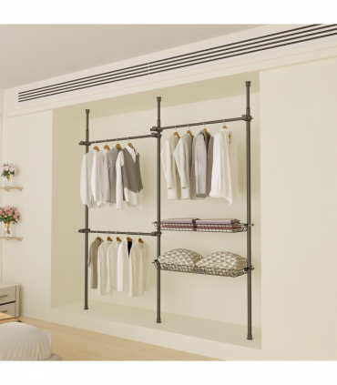 Double Black With Baskets Telescopic Wardrobe Organiser Hanging Rail Clothes Rack Adjustable Storage Shelving