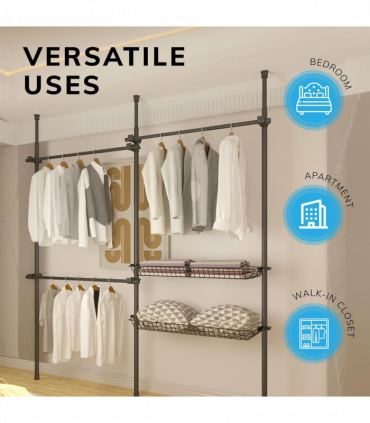 Double Black With Baskets Telescopic Wardrobe Organiser Hanging Rail Clothes Rack Adjustable Storage Shelving