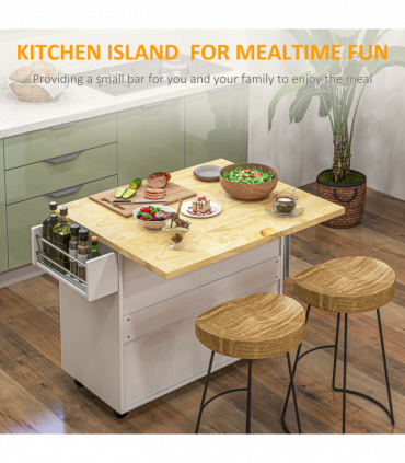 Drop-Leaf Kitchen Island on Wheels Utility Storage Cart with Drawers & Cabinet