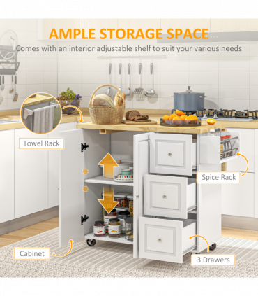 Drop-Leaf Kitchen Island on Wheels Utility Storage Cart with Drawers & Cabinet